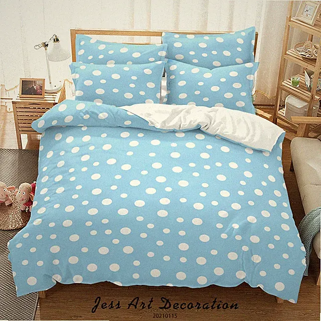 3D White Polka Dots Blue Pattern Quilt Cover Set Bedding Sets Pillowcases Queen