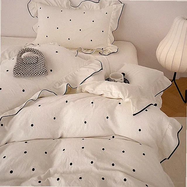Chic Beige Polka Dot Duvet Cover Set with Ruffles - Twin XL Bedding Set
