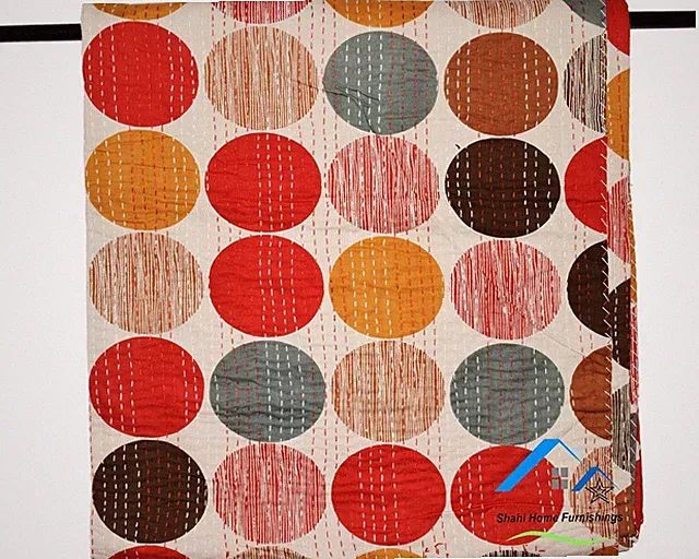 Cotton Coverlet Indian Bedspread King Size Kantha Quilt Polka Dot Print Gudari