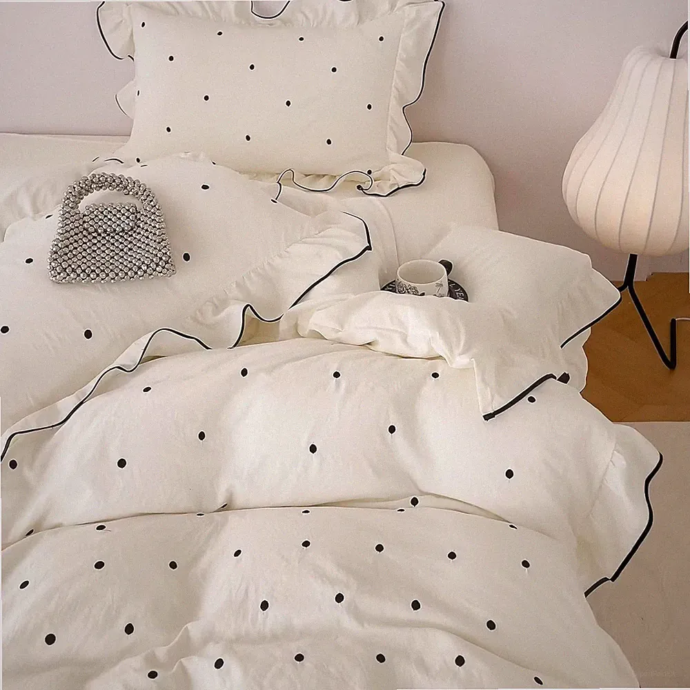 Duvet Cover Queen Size Polka Dot Beige 3 Pcs(1 Duvet Cover with 2 Pillowcases),S
