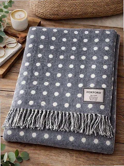 Foxford Wool Polka Dot Reversible Throw Blanket Gray White