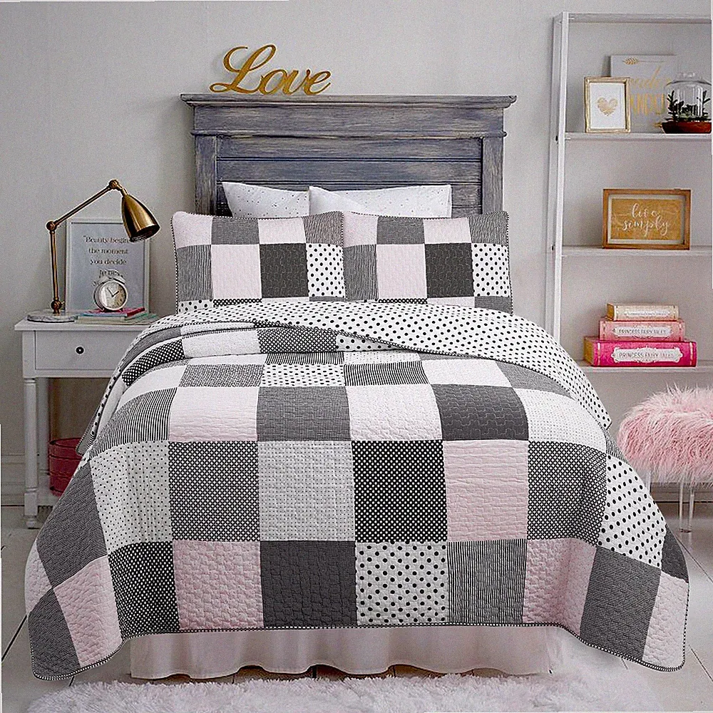 Halftone Black White Subtle Pink Polka Dot Patchwork Cotton Quilt Bedding Set