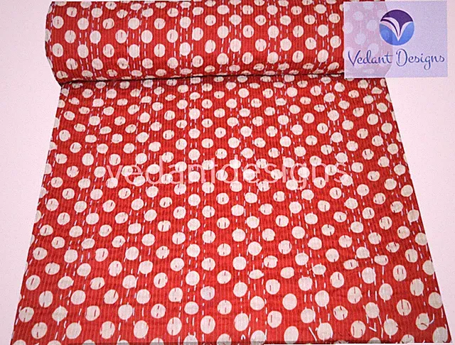 Handmade Cotton Vintage Polka Dot Print Twin/Single Kantha Quilt Bedspread