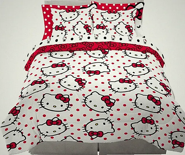 Hello Kitty Polka Dot 7-Piece Bedding Set - Super Soft Comforter & Sheets