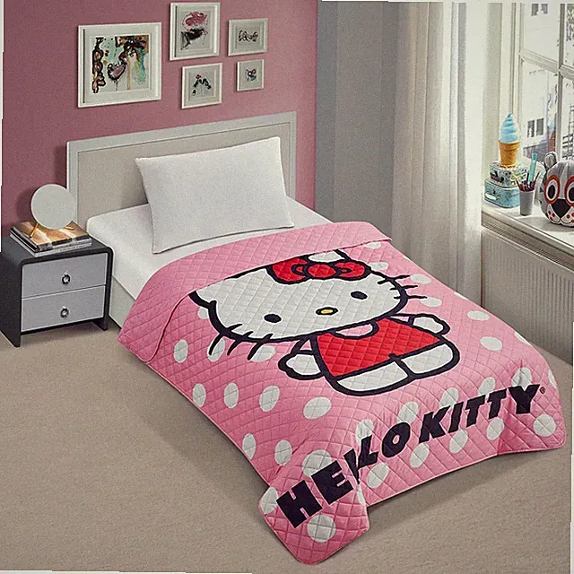 Hello Kitty Polka Dot Pink Twin Size Quilted Bedspread 55 x 75 Inches