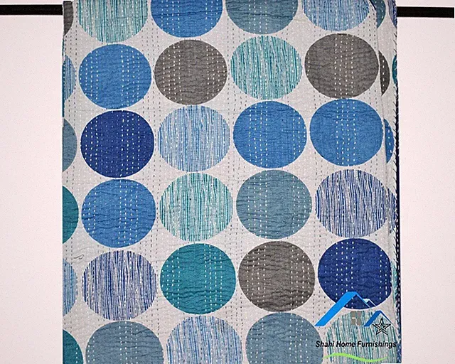Indian Cotton Blue Polka Dot Print Coverlet Bedspread King Kantha Quilt Gudari