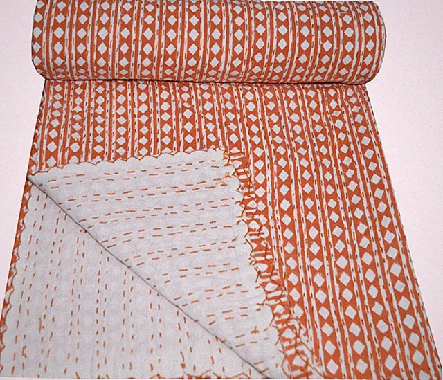 Indian Cotton Polka Dot Print Kantha Bedspread Handmade Quilt Twin Blanket Throw