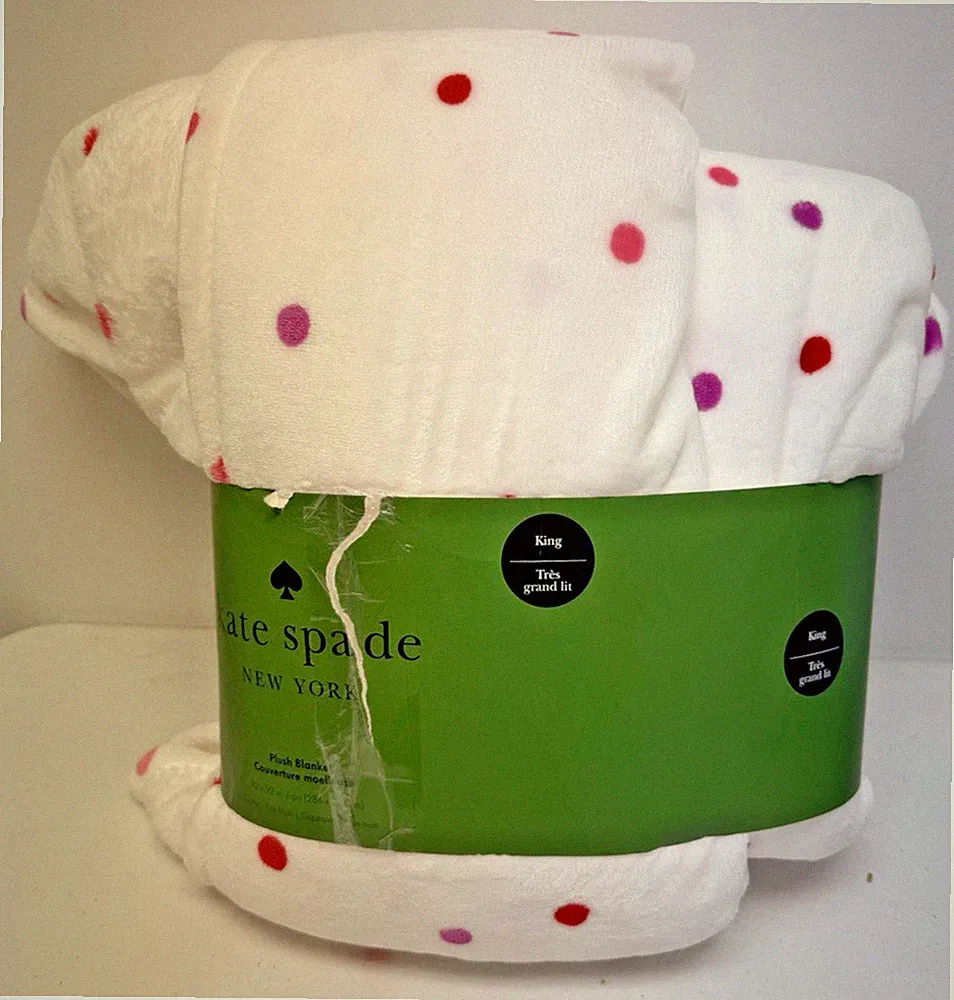 Kate Spade | King Size Plush Blanket White Polka Dot Pink Red Purple Soft NEW
