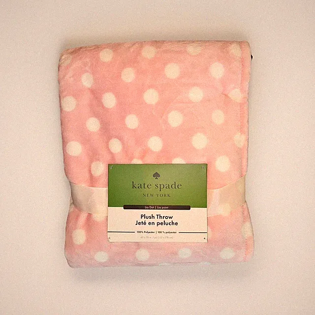 Kate Spade Plush Fleece Throw Blanket Pink White Polka Dots 60” X 70” New