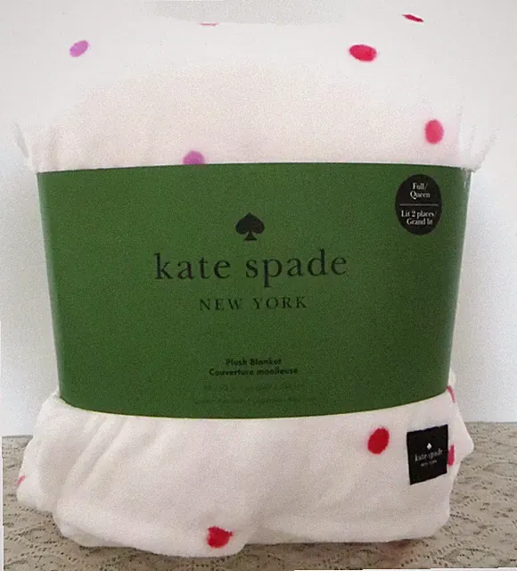Kate Spade Queen /Full Plush Blanket White w/ Multicolor Polka Dots NEW/pkg