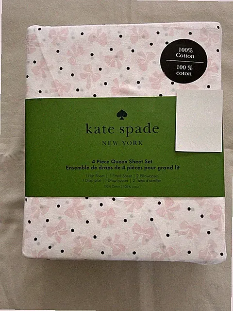 NEW 4pc Kate Spade Queen Sheet Set Ballet Pink Bows & Tiny Black Polka Dots