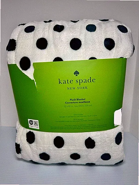 NEW Kate Spade White & Black Polka Dots King Sz Plush Fleece Blanket