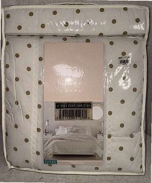 NEW Lauren Conrad LC Emma 2 Pc. Metallic Gold Polka Dot Twin XL Quilt Set Beige