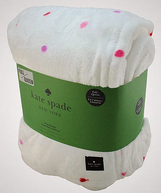 NWT KATE SPADE Queen Size 98" x 92" Polka Dot / Badge Logo Plush Blanket