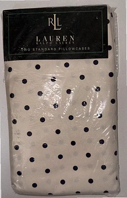 Ralph Lauren Barrymore Polka Dot Navy Blue Cream Standard Pillowcases NIP 450TC