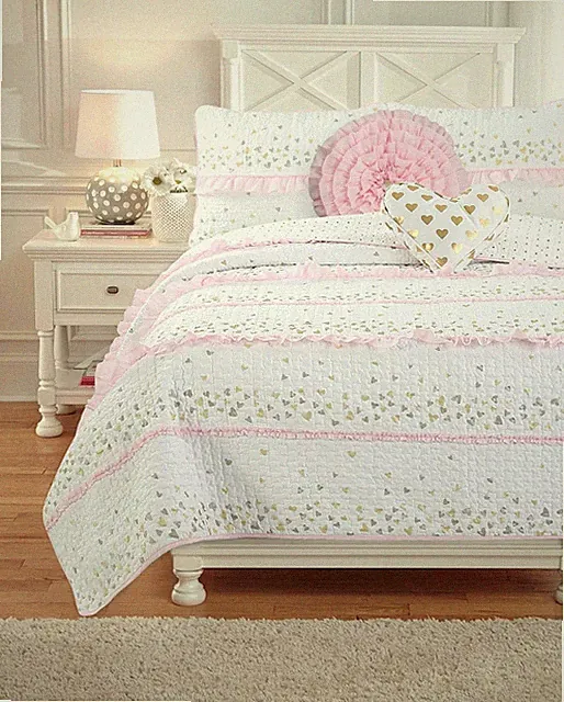 Reversible Pink Ruffle Polka Dot Twin Quilt Set - 2 Piece Bedding Set
