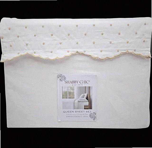 Shabby Chic 4pc White Cotton Queen Sheet Set Embroidered Scalloped Tan Polka Dot