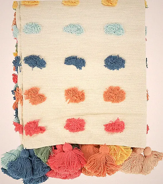 Soft Woven Cotton Throw with Tufted Dots and Tassels, Multicolor