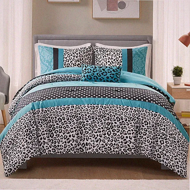 Trendy Twin XL Teal Comforter Set Polka Dots Damask Leopard Print Bedding