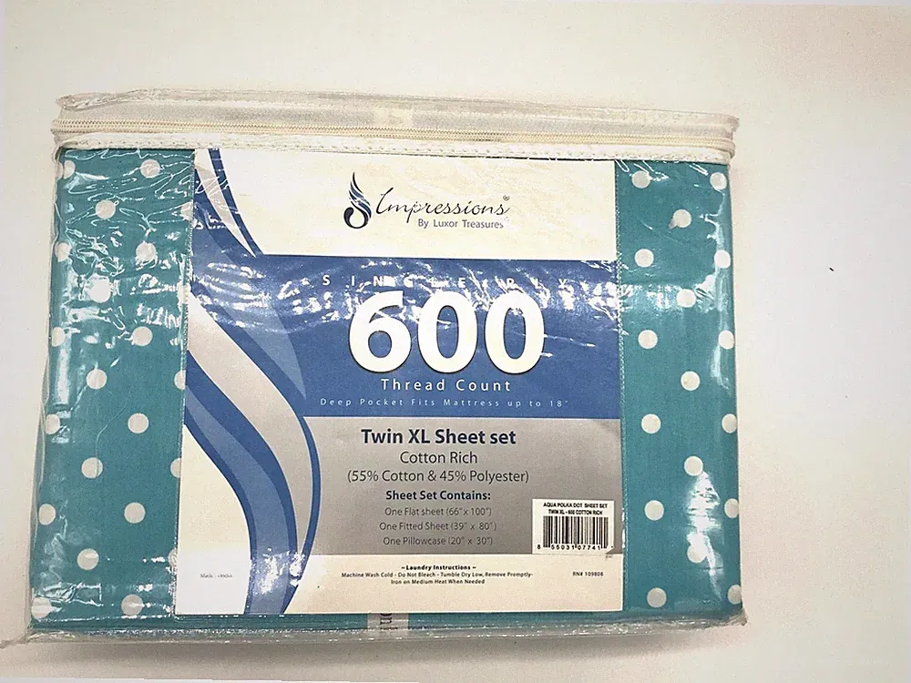 Twin XL Sheet Set, 600 TC 55% Cotton 1 Flat Fitted, 1 Pillow Case POLKA DOT AQUA